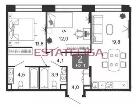 2-к кв. Москва 2-я оч., Шагал жилой комплекс, к4 (62.1 м)