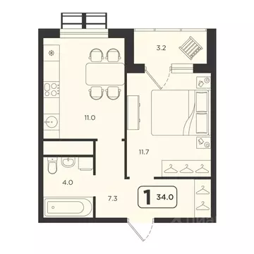 1-к кв. Тюменская область, Тюмень  (34.0 м)
