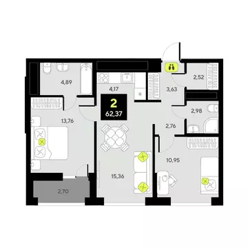 2-к кв. Тюменская область, Тюмень ул. Андрея Приказнова, 1 (62.37 м)