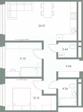 2-к кв. Ханты-Мансийский АО, Сургут ул. Крылова (64.02 м)