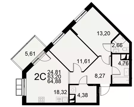 2-к кв. Тульская область, Тула Пушкинская ул., 2Г (63.2 м)
