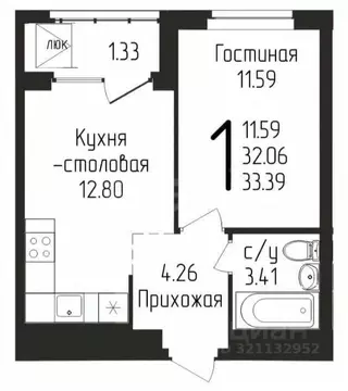 1-к кв. Башкортостан, Уфа ул. Бородинская, 19 (33.0 м)