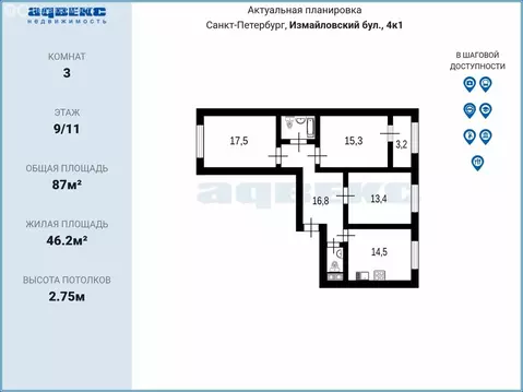 3-комнатная квартира: Санкт-Петербург, Измайловский бульвар, 4к1 (85 ...