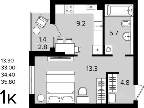 1-к кв. Калининградская область, Гурьевский муниципальный округ, пос. ...
