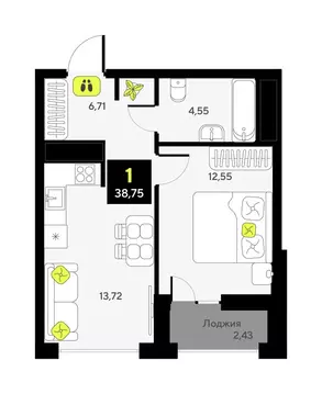 1-комнатная квартира: Тюмень, улица Андрея Приказнова, 1 (36.7 м)
