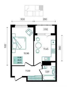 1-к кв. Адыгея, Майкопский район, пос. Тульский  (39.77 м)
