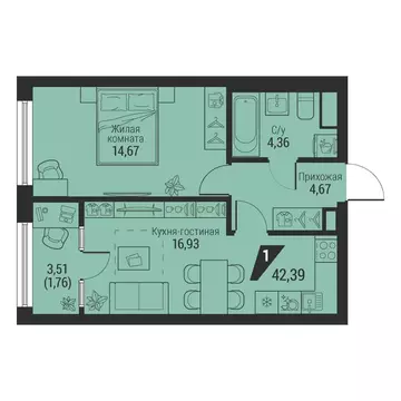1-к кв. Свердловская область, Екатеринбург просп. Космонавтов, 100 ...