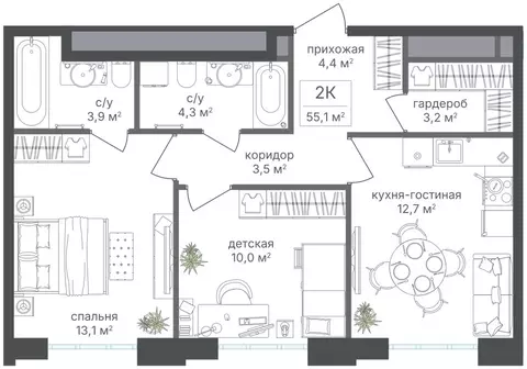 2-комнатная квартира: Москва, Михалковская улица, 48к4 (55.1 м)