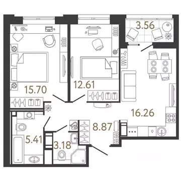 2-к кв. Санкт-Петербург Ультра Сити 3.0 жилой комплекс (62.03 м)