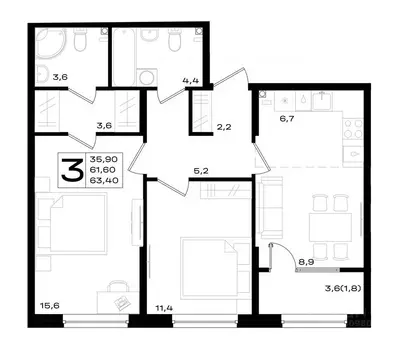 2-к кв. Ростовская область, Аксай просп. Аксайский (63.4 м)