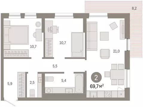 3-комнатная квартира: Тюмень, улица Республики, 205к1 (69.7 м)
