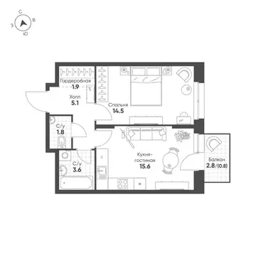 1-к кв. Свердловская область, Екатеринбург Солнечный жилрайон,  (43.3 ...