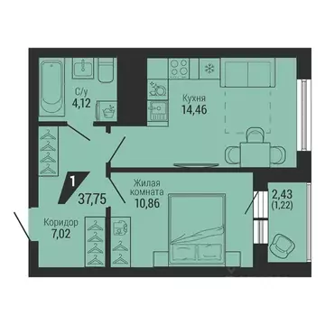1-к кв. Свердловская область, Екатеринбург пер. Ученический, 4 (37.58 ...