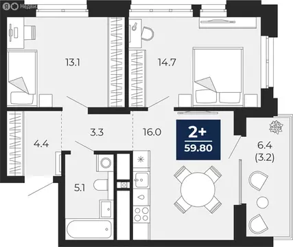 2-комнатная квартира: Тюмень, улица Тимофея Чаркова, 77 (63 м)