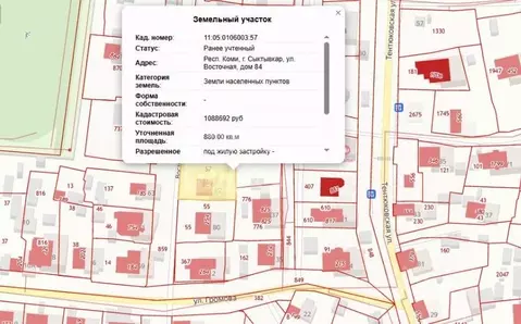 Участок в Коми, Сыктывкар Восточная ул., 84 (8.8 сот.)