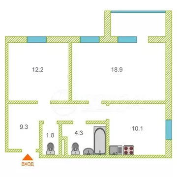 2-комнатная квартира: Тюмень, Профсоюзная улица, 59 (61.5 м)