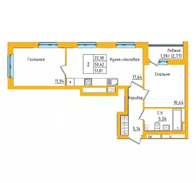 2-к кв. Башкортостан, Уфа ул. Валерия Лесунова, 18 (51.81 м)