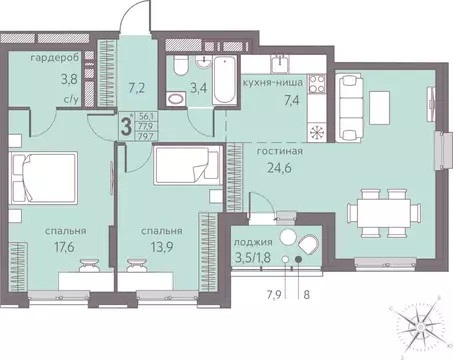 Студия Пермский край, Пермь ул. Серебристая, 5 (79.7 м)