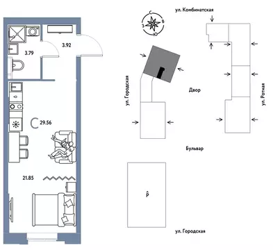 1-комнатная квартира: Екатеринбург, Ленинский район (29.56 м)