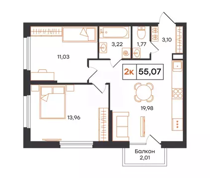 2-к кв. Тюменская область, Тюмень Полевая ул., 117к12 (55.07 м)