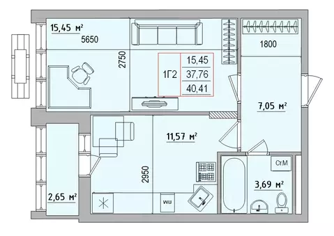1-к кв. Белгородская область, Белгород Славянская ул. (40.41 м)