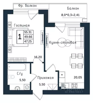 1-к кв. Калининградская область, Янтарный пгт ул. Советская (55.31 м)