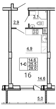 Студия Псковская область, Псков ул. Алексея Алехина, 14 (28.0 м)