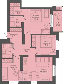 3-к кв. Волгоградская область, Волгоград Трехгорная ул., 27 (82.5 м)