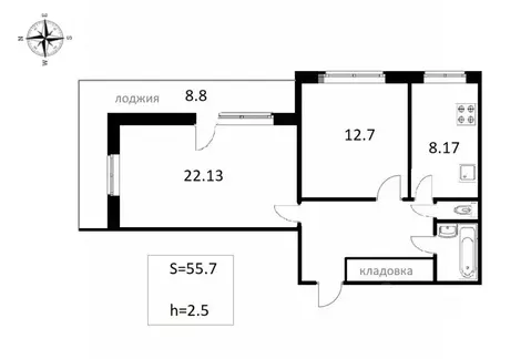 2-к кв. Санкт-Петербург просп. Космонавтов, 24 (55.7 м)