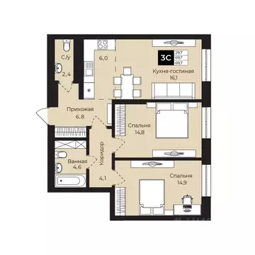 2-к кв. Башкортостан, Уфа ул. Ленина, 192 (69.7 м)