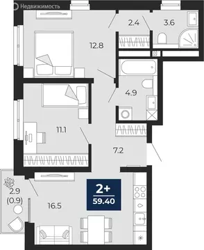 2-комнатная квартира: Тюмень, проезд Капитана Куликова, 5 (61.4 м)