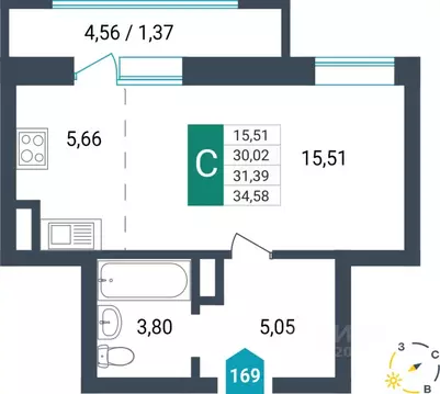 Студия Забайкальский край, Чита ул. Бабушкина, 42Б (31.39 м)