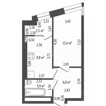 1-к кв. Башкортостан, Уфа ул. Бородинская, 9 (33.6 м)