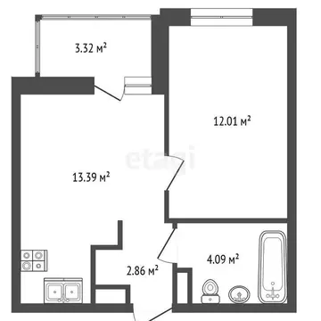 1-комнатная квартира: Кудрово, проспект Строителей, 1к2 (34 м)