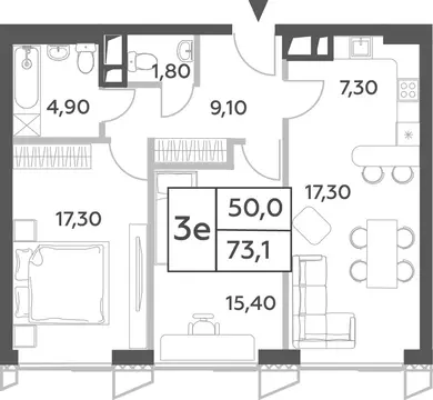 3-комнатная квартира: Москва, проспект Генерала Дорохова, вл1к3 (73.1 ...
