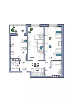 2-комнатная квартира: Энгельс, Полиграфическая улица, 77А (67.27 м)