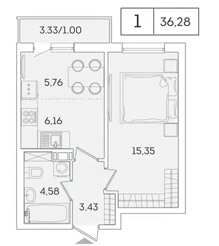 1-комнатная квартира: Мурино, Графская улица, 6к3 (35.3 м)