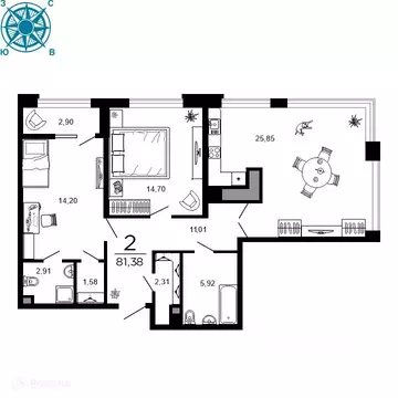 2-к кв. Рязанская область, Рязань ул. 1-я Железнодорожная (81.38 м)