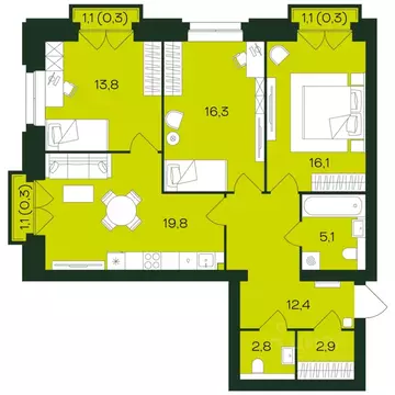 3-к кв. Чувашия, Чебоксары просп. Чебоксарский (90.7 м)