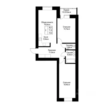 2-к кв. Татарстан, Альметьевск  (73.9 м)