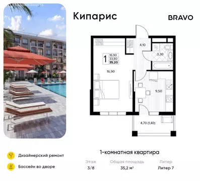 1-комнатная квартира: Сукко, жилой комплекс Кипарис (35.2 м)