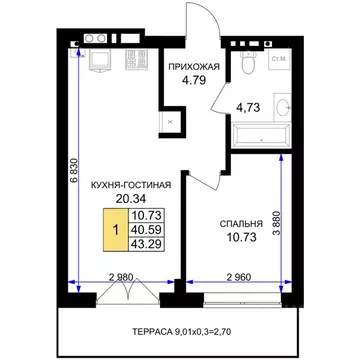 1-к кв. Калининградская область, Гурьевск Включи жилой комплекс (43.29 ...