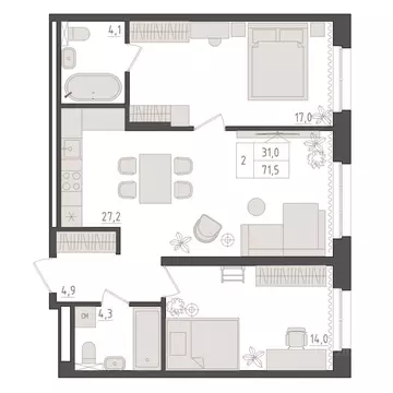 2-к кв. Башкортостан, Уфа 563-й кв-л,  (71.5 м)