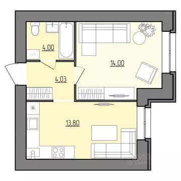 1-к кв. Ярославская область, Рыбинск Февральская ул. (35.83 м)