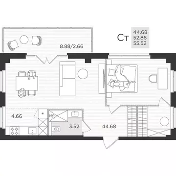 1-комнатная квартира: Архангельская область, Северодвинск (55.52 м)