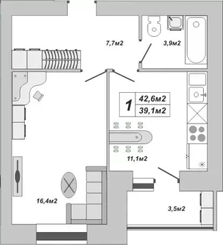 1-к кв. Тамбовская область, Тамбов ул. Чичерина, 7/1к3 (42.6 м)