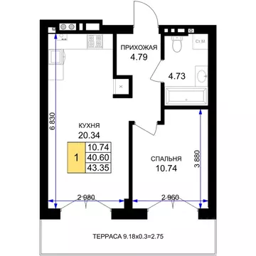 1-к кв. Калининградская область, Гурьевск Включи жилой комплекс (43.35 ...