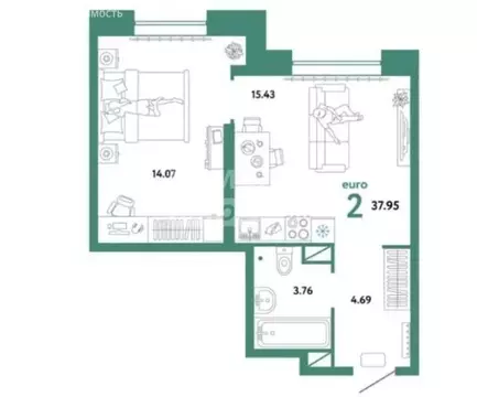 1-комнатная квартира: Тюмень, улица Андрея Кореневского, 5 (38 м)