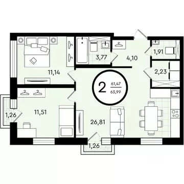 2-к кв. Тюменская область, Тюмень ул. Александра Звягина, 2 (63.99 м)