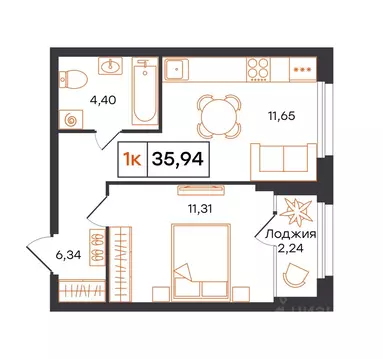1-к кв. Тюменская область, Тюмень Фатера жилой комплекс (35.94 м)